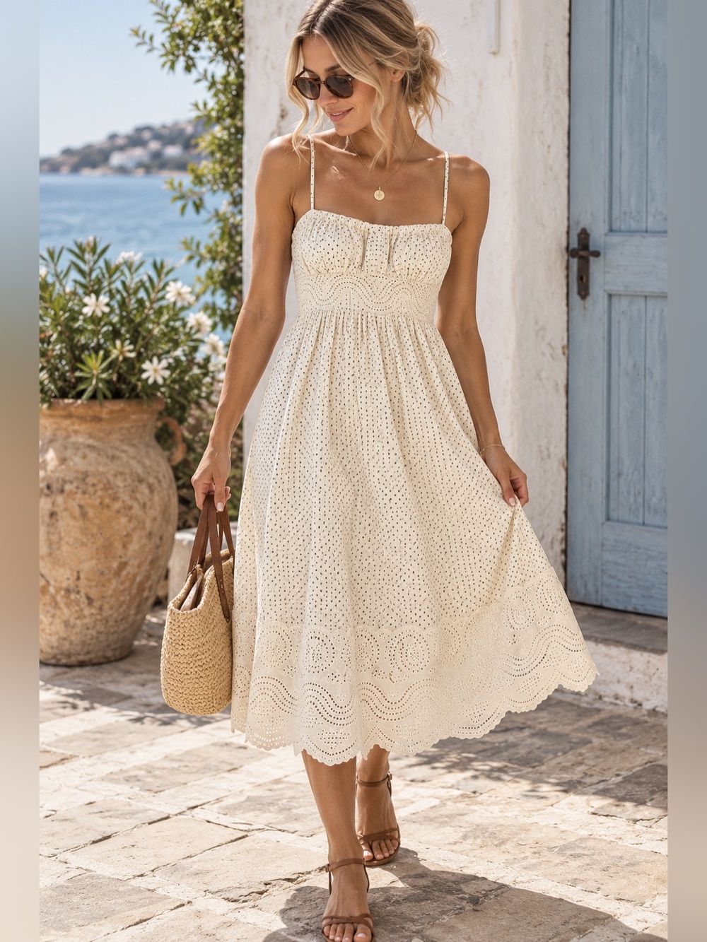 Catherine Malandrino Size 4 Eyelet Midi Dress Cream Polka Dot Corset Boho